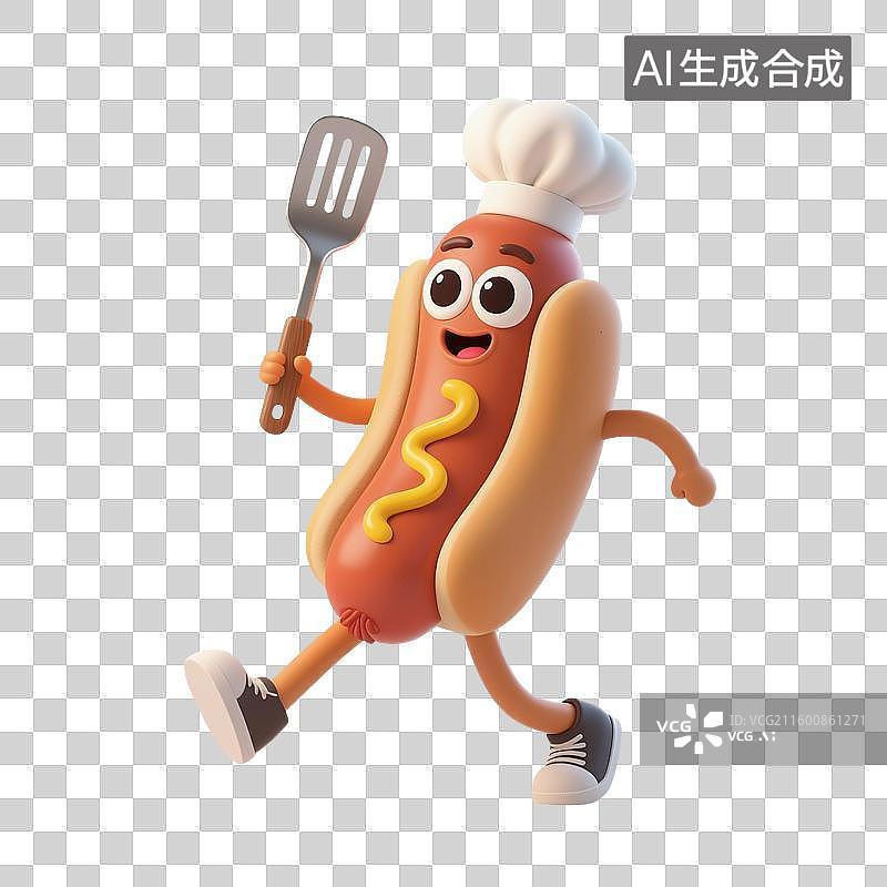 【AI数字艺术】3D渲染，厨师烹调，可爱的卡通热狗面包，三明治，热狗，美味食物免抠元素图片素材
