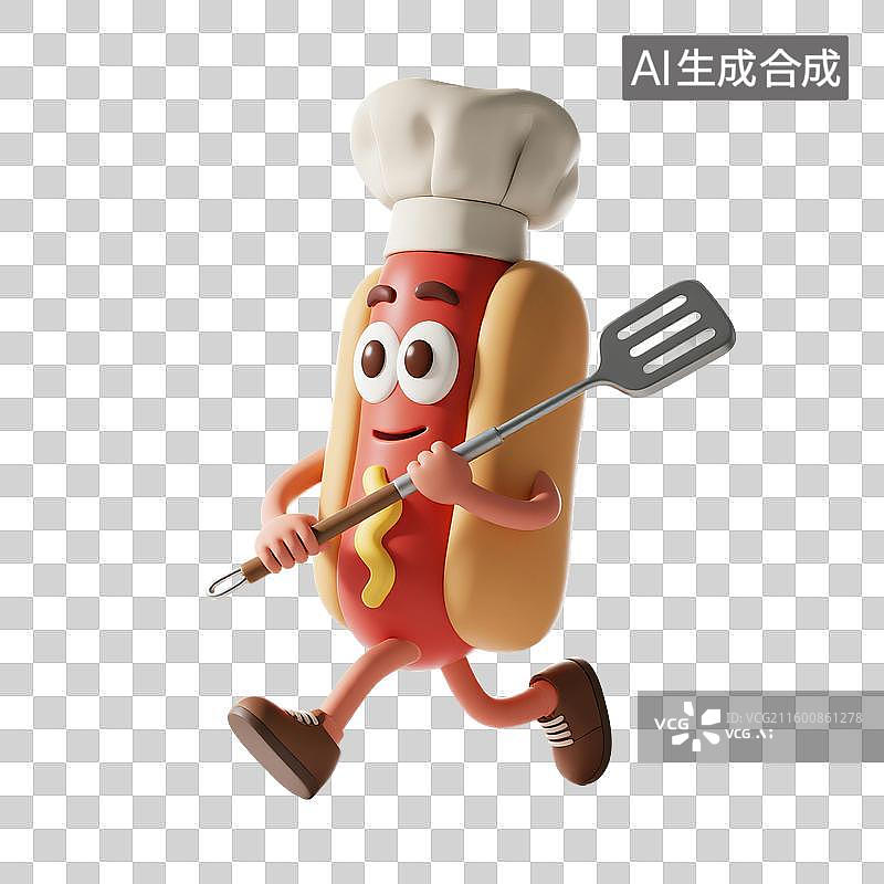 【AI数字艺术】3D渲染，厨师烹调，可爱的卡通热狗面包，三明治，热狗，美味食物免抠元素图片素材