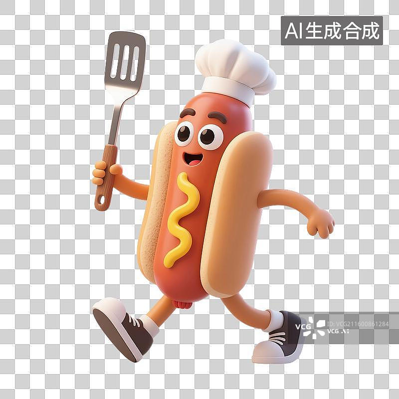 【AI数字艺术】3D渲染，厨师烹调，可爱的卡通热狗面包，三明治，热狗，美味食物免抠元素图片素材