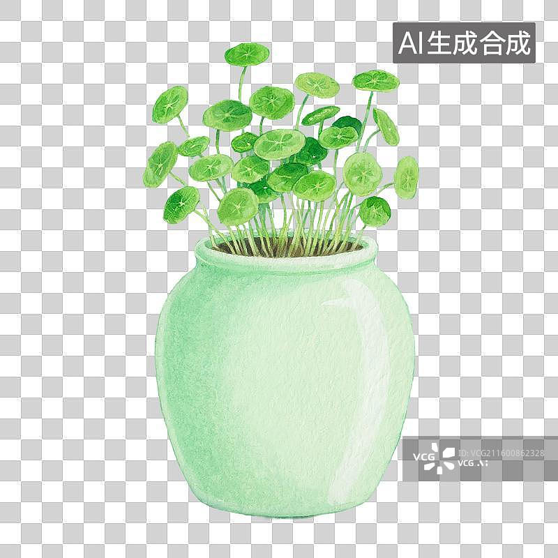 【AI数字艺术】治愈系手绘插画，花瓶里的铜钱草，绿植，免抠元素图片素材