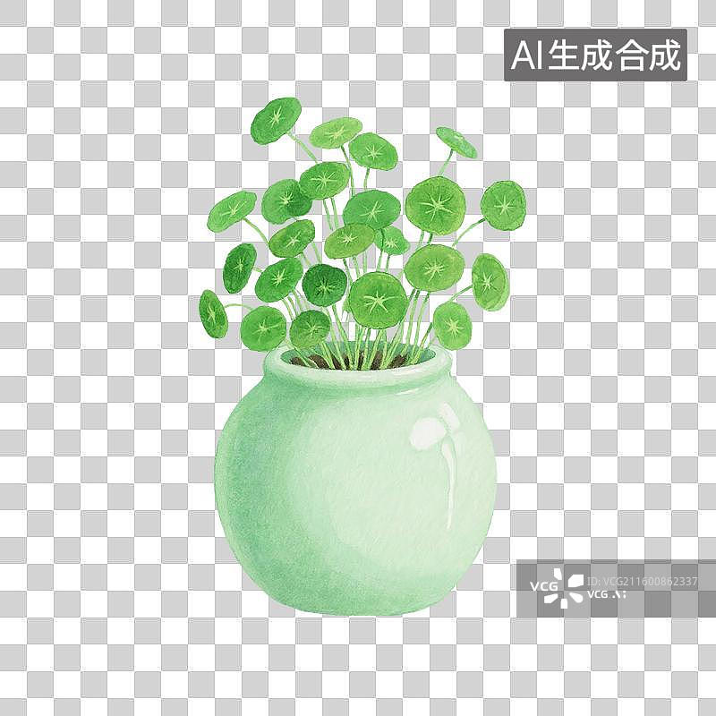 【AI数字艺术】治愈系手绘插画，花瓶里的铜钱草，绿植，免抠元素图片素材