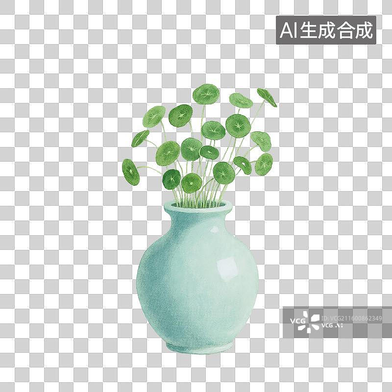 【AI数字艺术】治愈系手绘插画，花瓶里的铜钱草，绿植，免抠元素图片素材