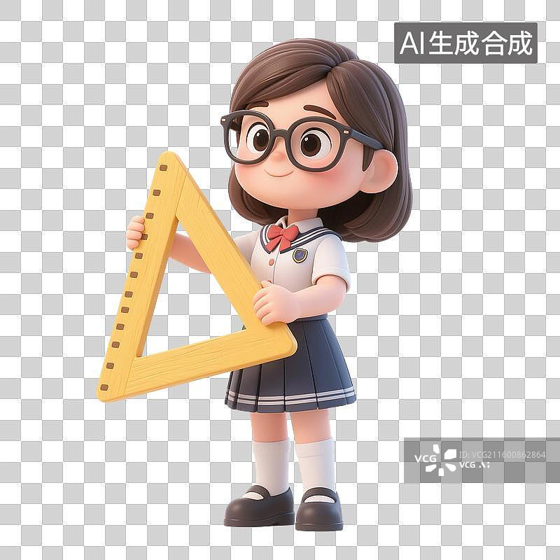 【AI数字艺术】3D渲染卡通人物，学生拿着三角板，免抠元素图片素材
