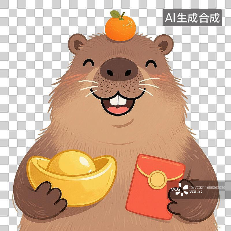 【AI数字艺术】手绘插画，卡通动物，水豚，卡皮巴拉，拿着红包和金元宝，赚钱，购物节促销，优惠券，免抠元素图片素材