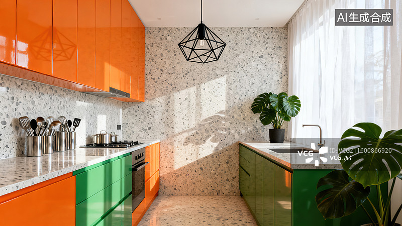 【AI数字艺术】时尚现代活力的橙绿橱柜水磨石绿植厨房图片素材