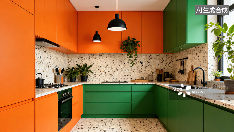 【AI数字艺术】时尚现代活力的橙绿橱柜水磨石绿植厨房图片素材