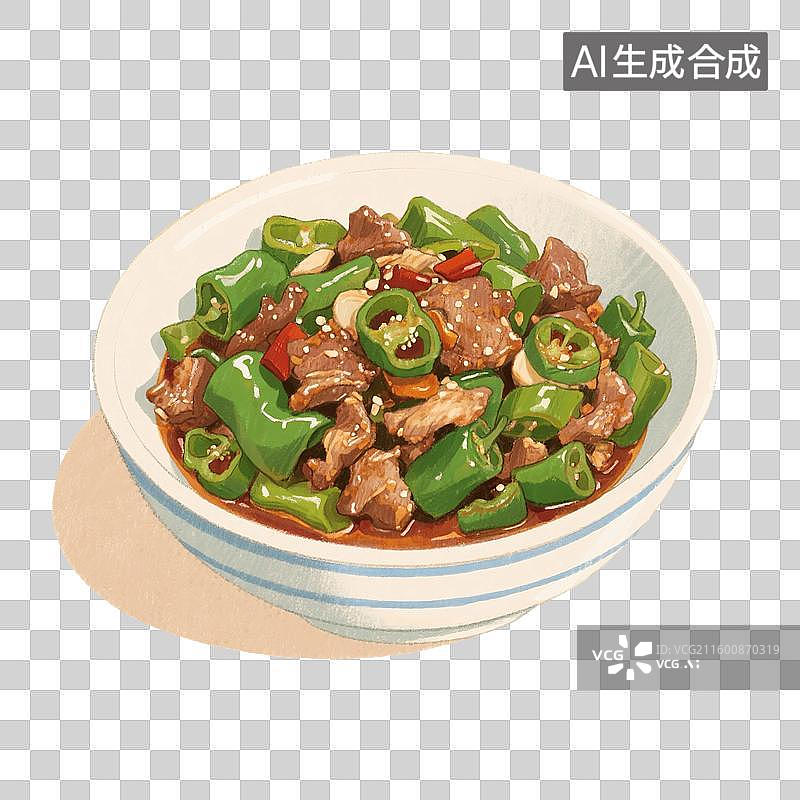 【AI数字艺术】手绘插画，家常菜，下饭菜，青椒炒肉，青椒炒肉片，青椒，猪肉，炒菜，免抠元素图片素材