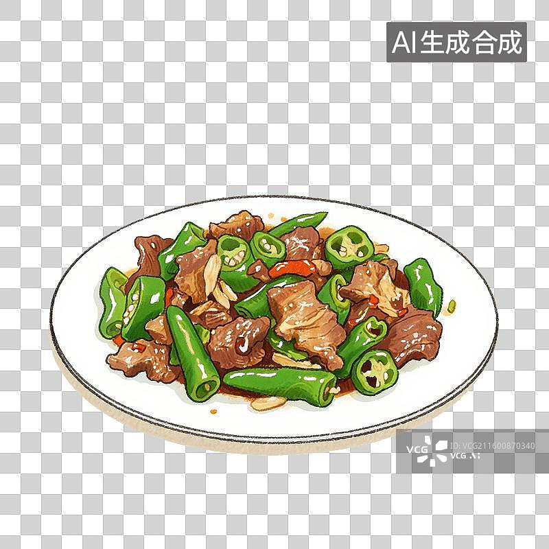 【AI数字艺术】手绘插画，家常菜，下饭菜，青椒炒肉，青椒炒肉片，青椒，猪肉，炒菜，免抠元素图片素材