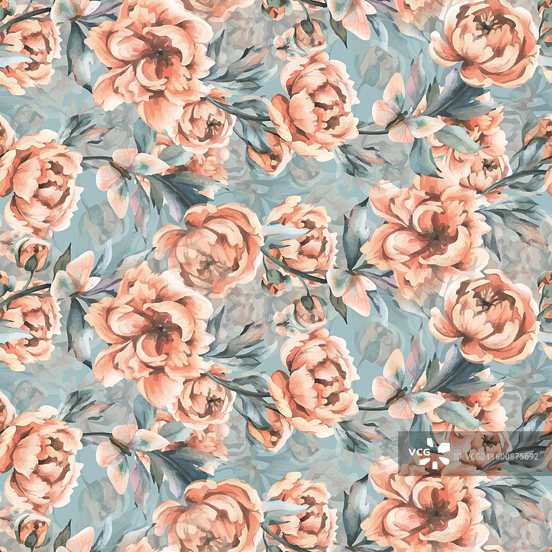 盛开的牡丹花、花蕾和叶子，伴有飞舞的元素图片素材