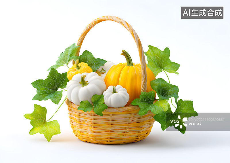 【AI数字艺术】白色背景上菜篮子里装着南瓜图片素材