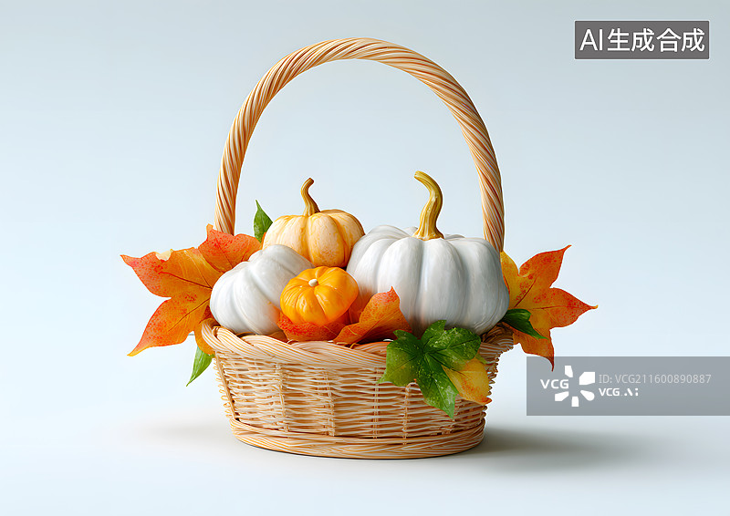 【AI数字艺术】白色背景上菜篮子里装着南瓜图片素材