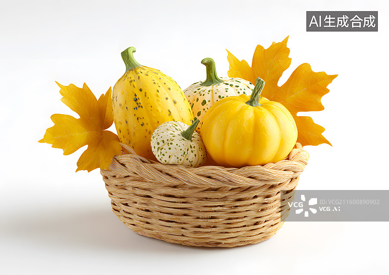 【AI数字艺术】白色背景上菜篮子里装着南瓜图片素材