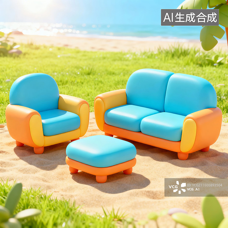 【AI数字艺术】沙滩上的彩色沙发组合图片素材