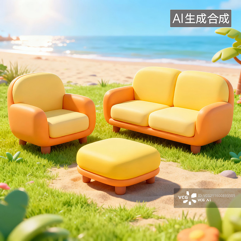 【AI数字艺术】沙滩上的黄色沙发组合图片素材