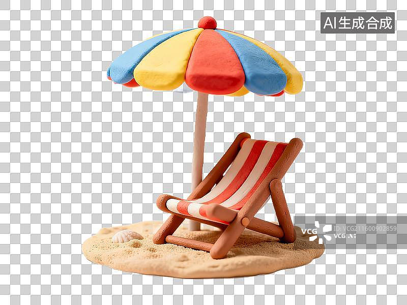 【AI数字艺术】旅游出行自然景观黏土风格沙滩遮阳伞与躺椅图片素材
