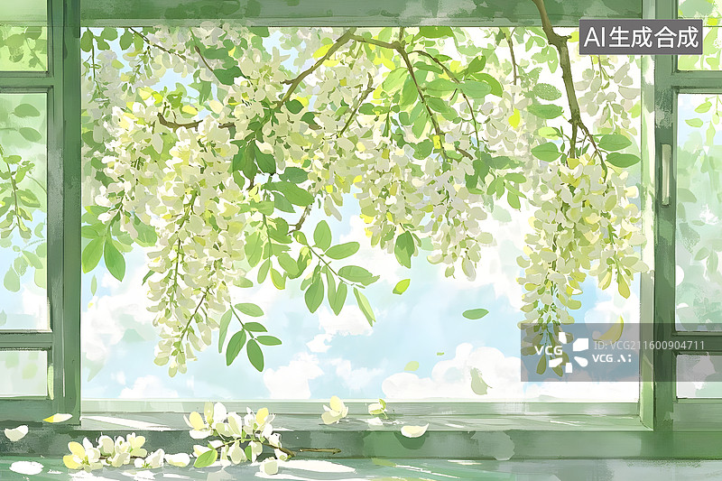 【AI数字艺术】窗户和窗外盛开的槐花图片素材