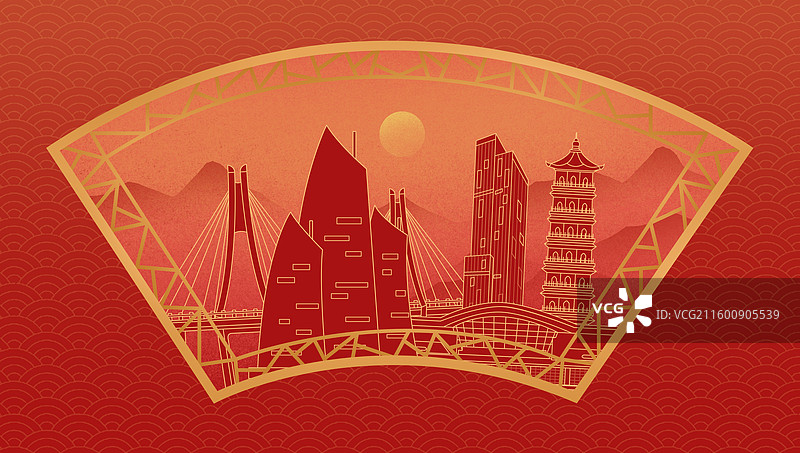 湛江中国风新年红色中秋扇形古典窗户城市建筑图片素材