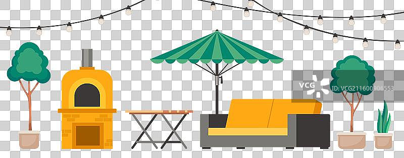 舒适的后院，配有复古锥形壁炉图片素材