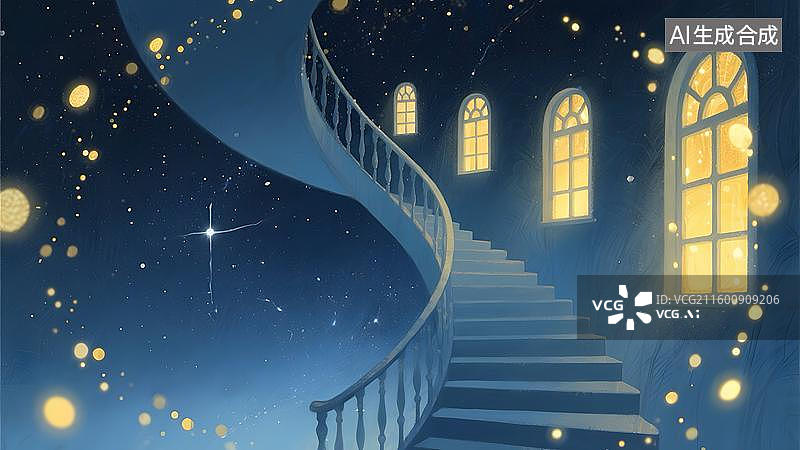 【AI数字艺术】梦幻银河太空星空天梯与窗户星空旋转楼梯梦幻场景图片素材