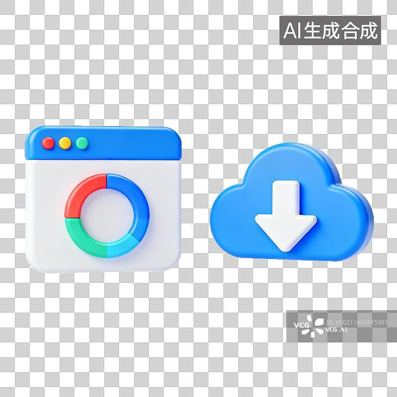 【AI数字艺术】浏览器图标与云下载符号的3D展示图片素材