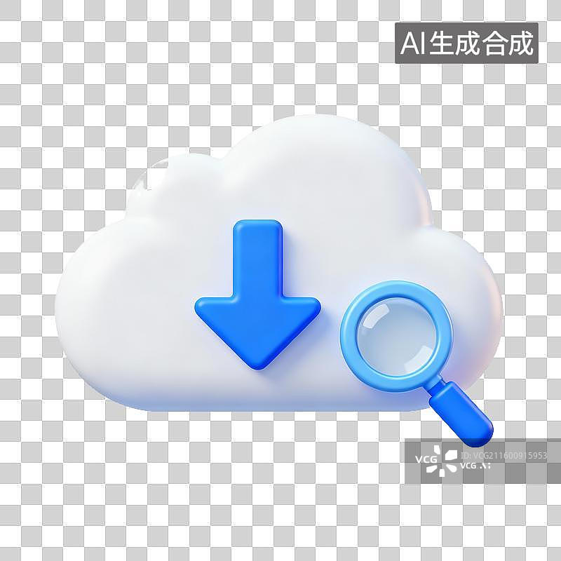 【AI数字艺术】云图标配下载箭头和放大镜的科技符号图片素材