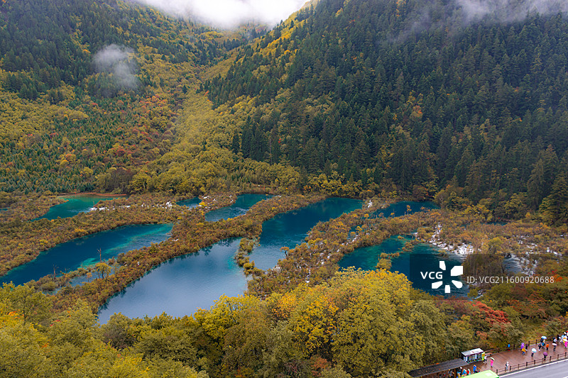 九寨沟秋日彩林和树正寨群海图片素材