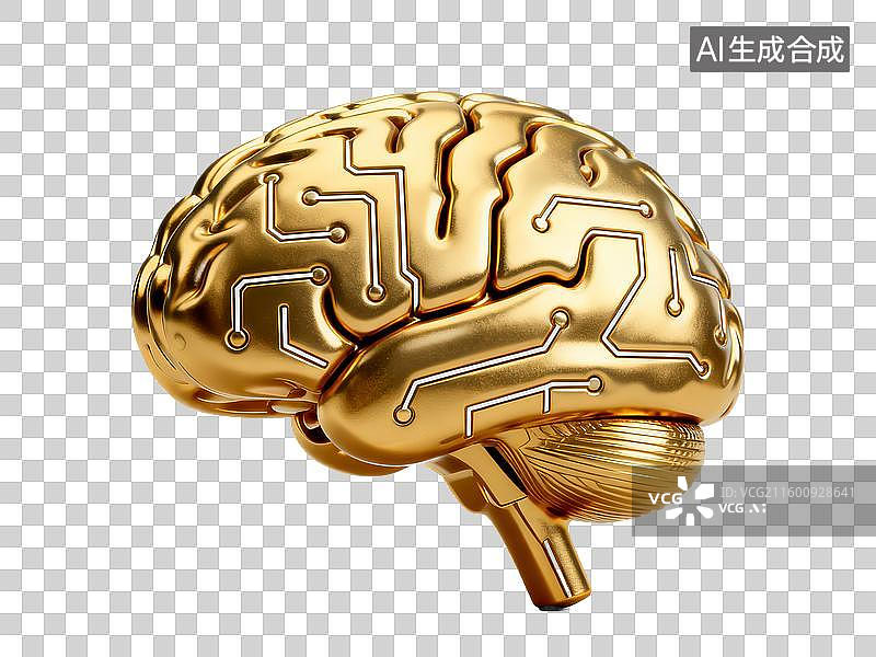 【AI数字艺术】科技类 脑机接口 金色大脑电路模型图片素材