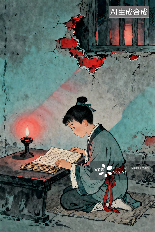 【AI数字艺术】闻鸡起舞，程门立雪，韦编三绝，囊萤映雪，借光读书等古人刻苦学习的成语典故插图图片素材