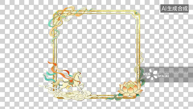 【AI数字艺术】烫金国风金色翼马莲花边框元素图片素材