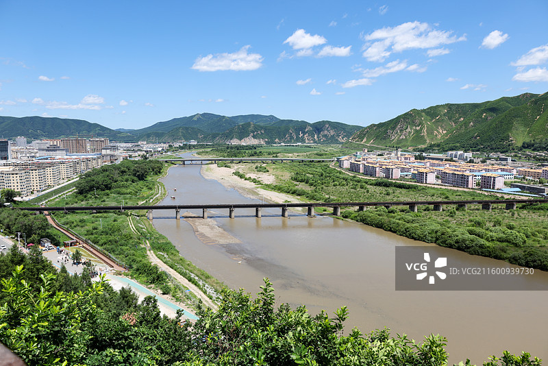 吉林延边图们口岸中朝边境公路桥铁路桥两岸风光图片素材