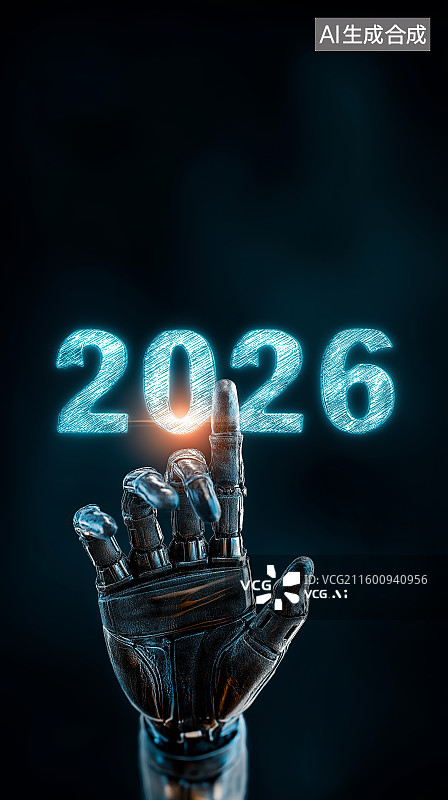 【AI数字艺术】人工智能机器人主题背景——人工智能机器人的手，发光的2026图标，新年主题图片素材