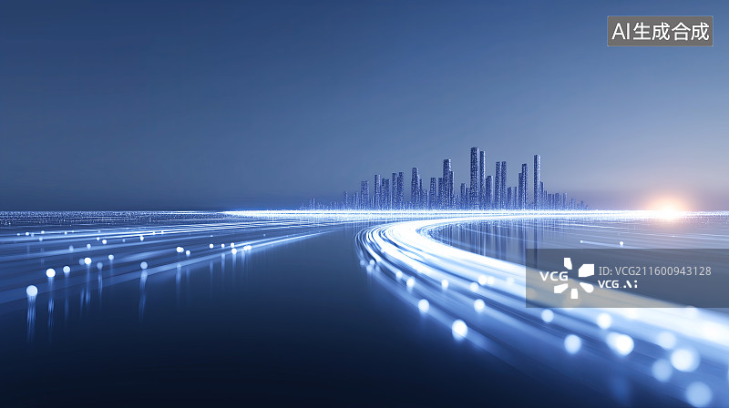 【AI数字艺术】汽车广告背景图——抽象蓝色发光道路与城市天际线图片素材