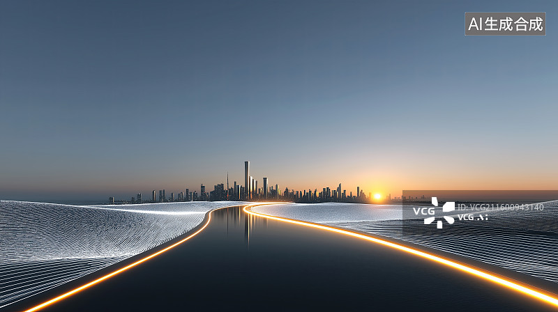 【AI数字艺术】汽车广告背景图——抽象蓝色发光道路与城市天际线图片素材