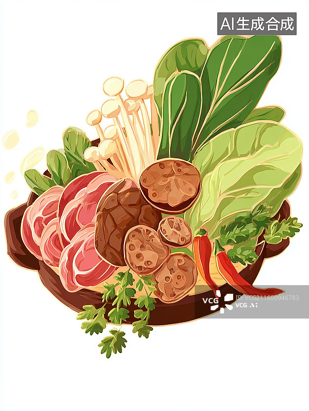 【AI数字艺术】新鲜蔬菜与肉类插画图片素材