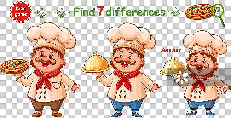 厨师端着披萨的托盘，孩子玩着益智游戏图片素材