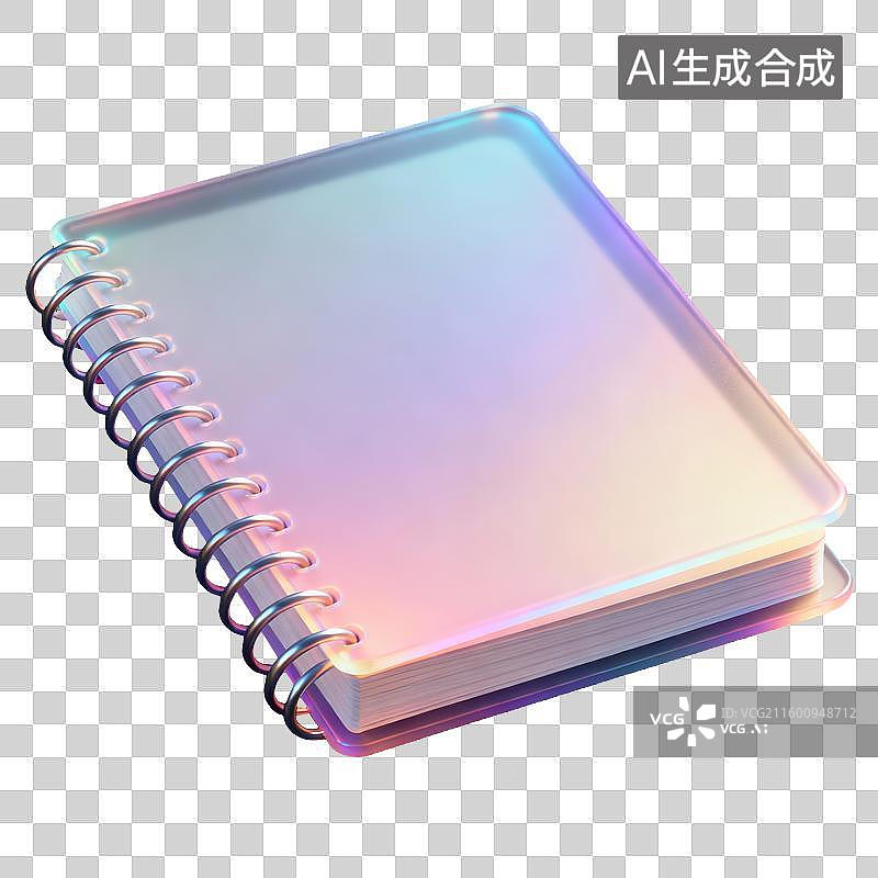 【AI数字艺术】一个3D模型螺旋笔记本半透明珠光磨砂质感商业3D轻拟物风格插画元素设计图片素材