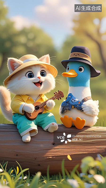 【AI数字艺术】卡通3D,一只戴着淡黄色的遮阳帽的小猫，弹奏一把木色的吉他，小鸭子则专注地吹奏一个蓝色的陶笛。图片素材