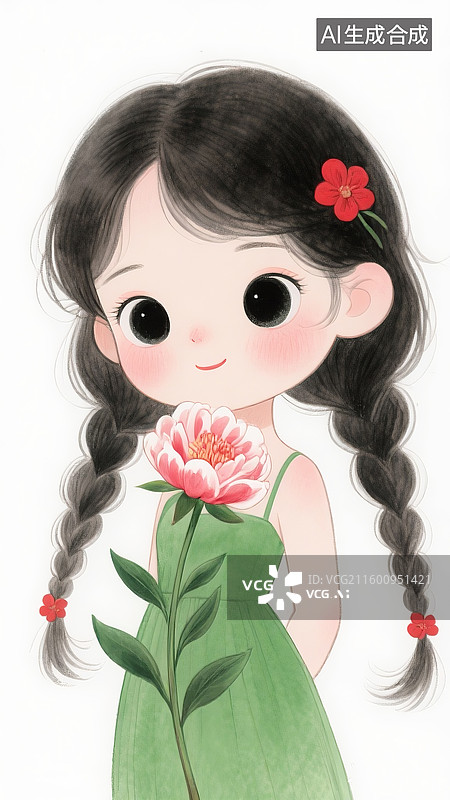 【AI数字艺术】插画，铅笔线条插画，一朵努力向上生成长的芍药花，一个梳着麻花辫的女孩，Q版人物，穿着绿色的连衣裙。图片素材
