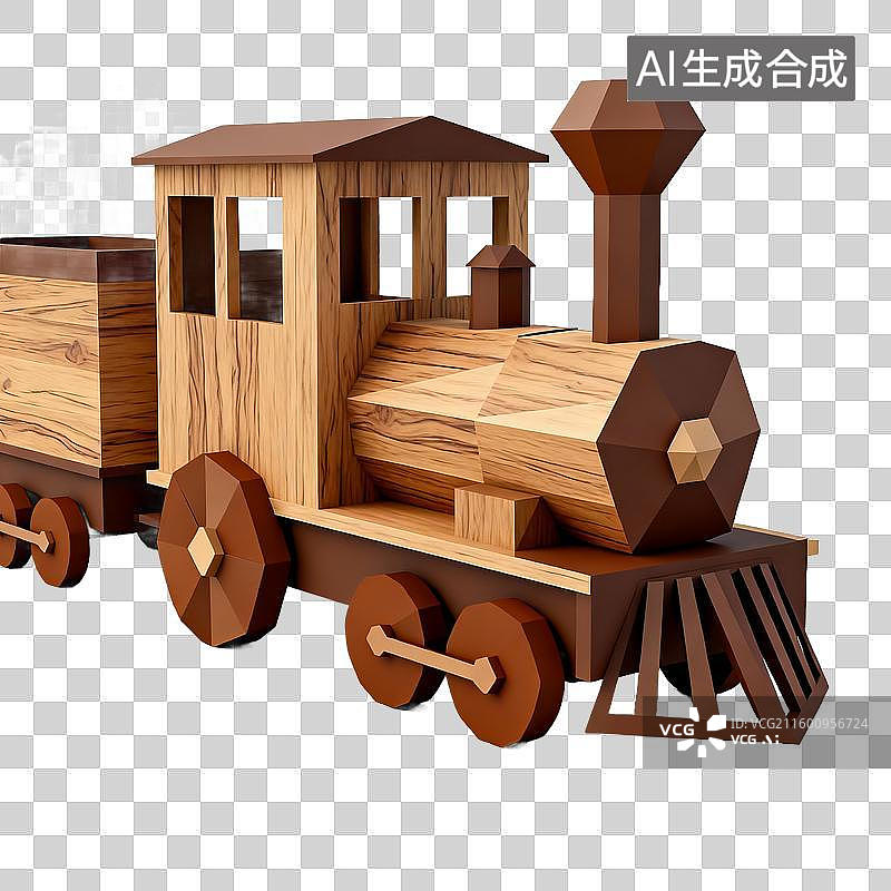 【AI数字艺术】旅游出行交通工具免抠设计素材 低多边形风格木质卡通火车图片素材