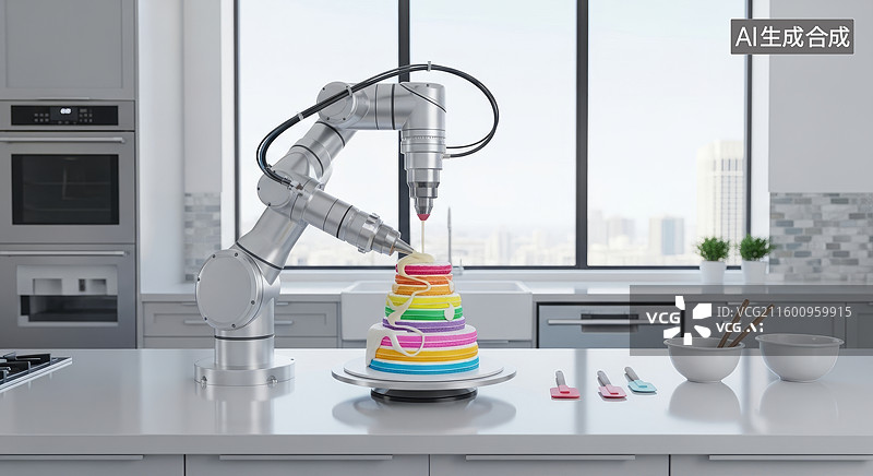 【AI数字艺术】现代厨房机械臂装饰多层蛋糕图片素材