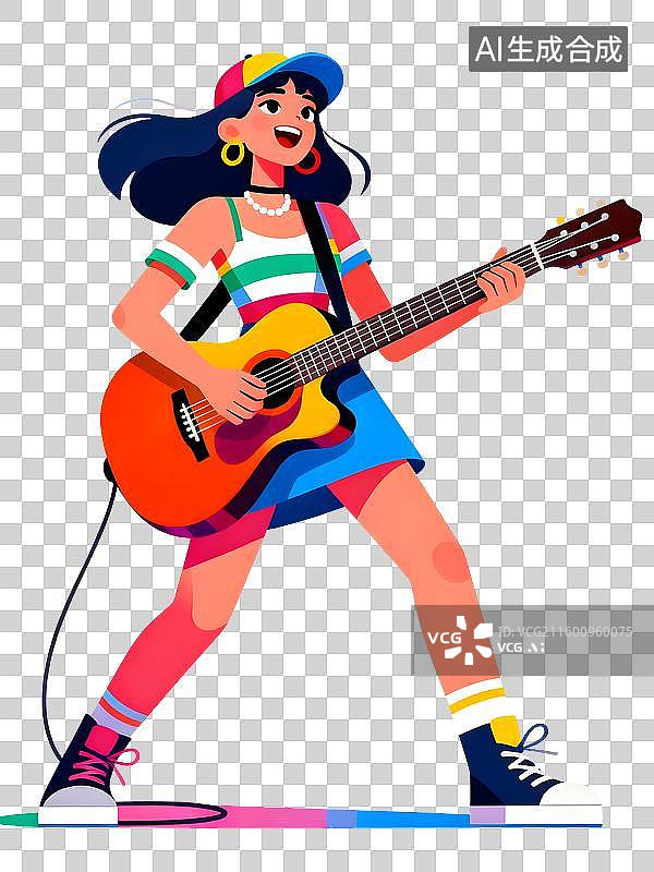 【AI数字艺术】穿着彩色服饰弹吉他的年轻女子图片素材