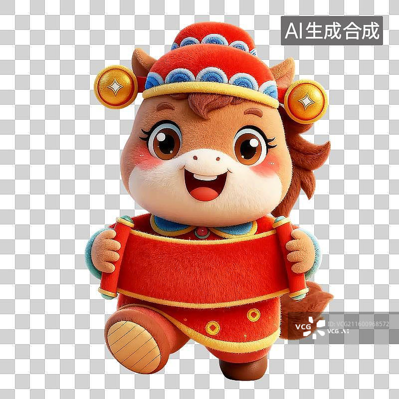 【AI数字艺术】毛绒新年春节拉横幅龙马精神棕色小马插画3D免抠元素图片素材