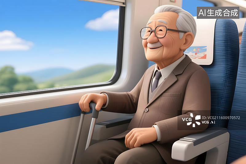 【AI数字艺术】夕阳下高铁旅行老人图片素材