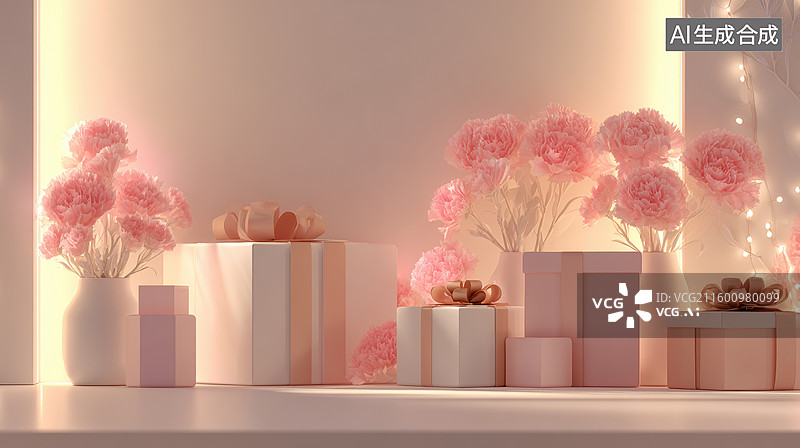 【AI数字艺术】粉色花艺与礼盒陈列图片素材
