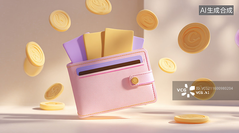 【AI数字艺术】粉色钱包与金币飞舞图片素材