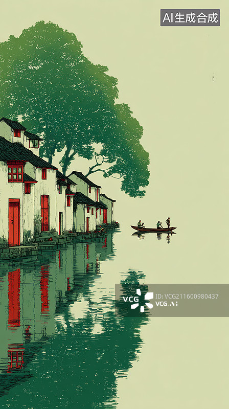 【AI数字艺术】水乡古屋与小舟倒影图片素材