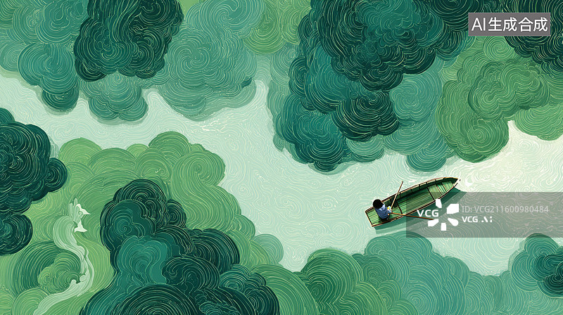 【AI数字艺术】小舟漂浮于碧绿云海图片素材