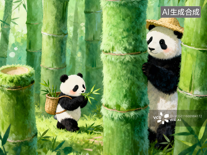 【AI数字艺术】毛绒绒的竹子，毛绒质感的竹筒，可爱的大熊猫图片素材