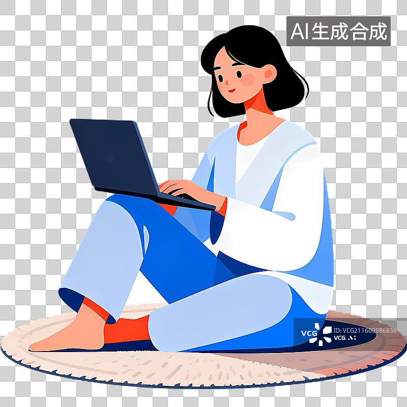 【AI数字艺术】女子盘腿坐地使用笔记本电脑图片素材