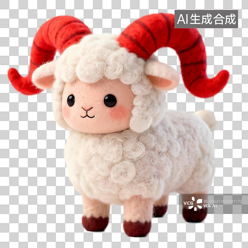 【AI数字艺术】可爱毛绒白羊带红色弯角图片素材